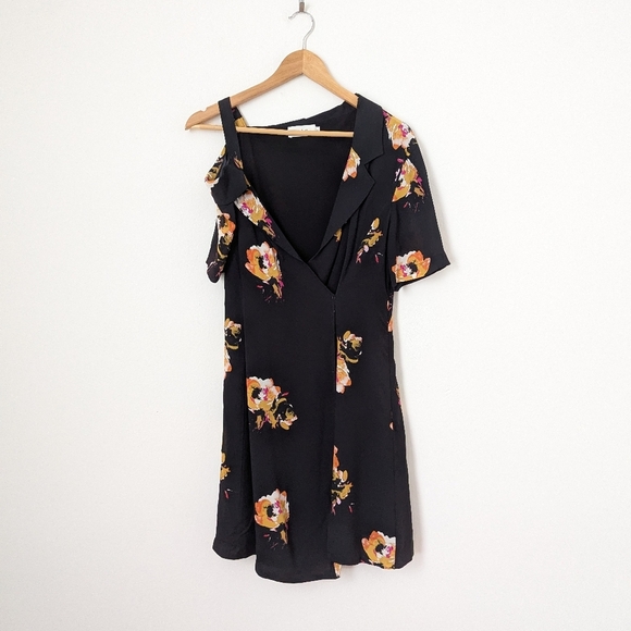ALC Black Yellow Pink Floral Silk Lucia Off The Shoulder Asymmetrical Mini Dress - Picture 2 of 6